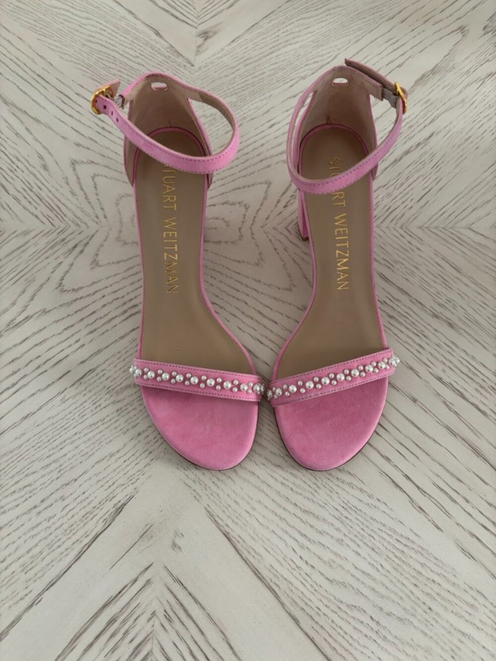 Stuart Weitzman Nearly Nude Demi Pearl India Pink Sandal Heels